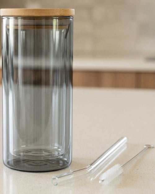 Ygbxw Double-Wall Borosilicate Tumbler with Lid and Straw 14 oz Clear Smoke - Lifestyle view